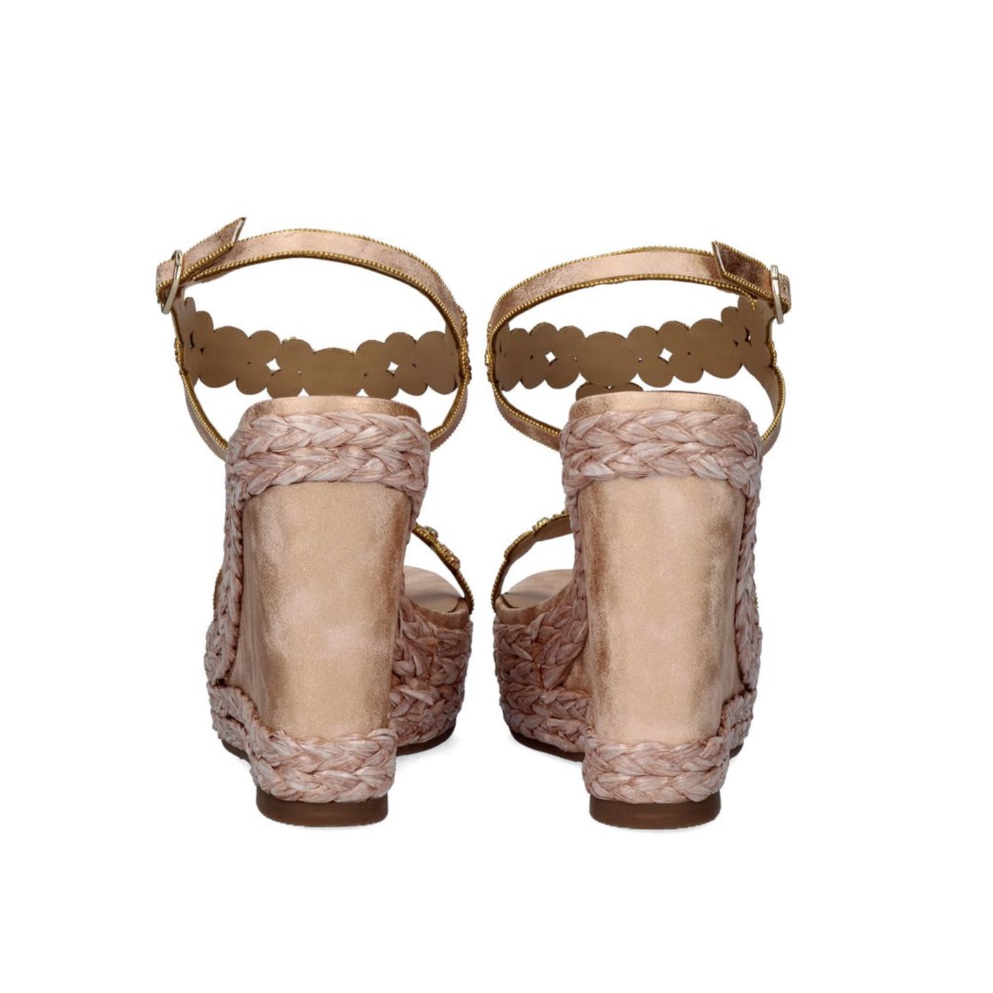 Champagne: EXE Nadia-445 rhinestone flower T-strap espadrille wedge sandal in champagne with braided rope wedge and ankle buckle strap