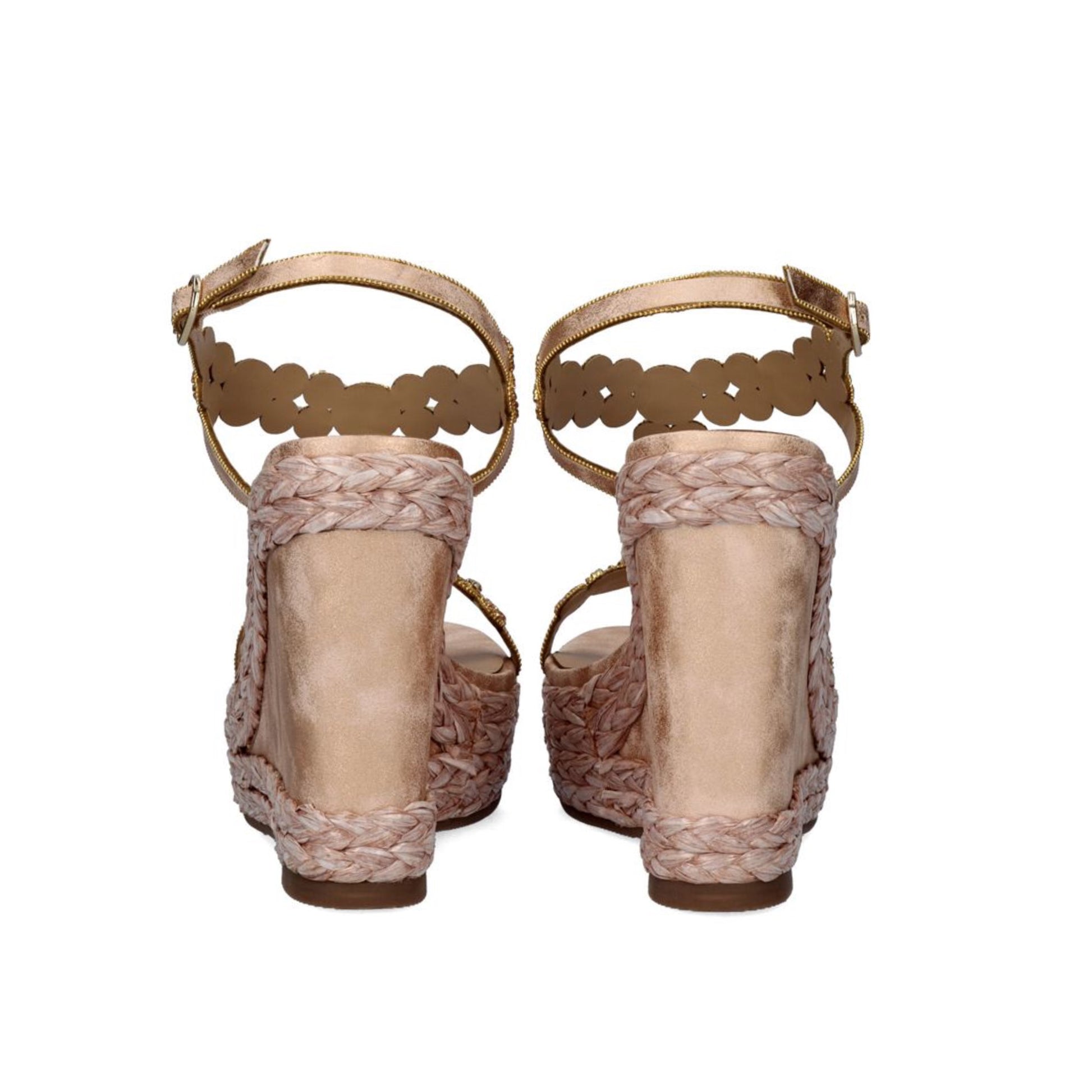 Champagne: EXE Nadia-445 rhinestone flower T-strap espadrille wedge sandal in champagne with braided rope wedge and ankle buckle strap