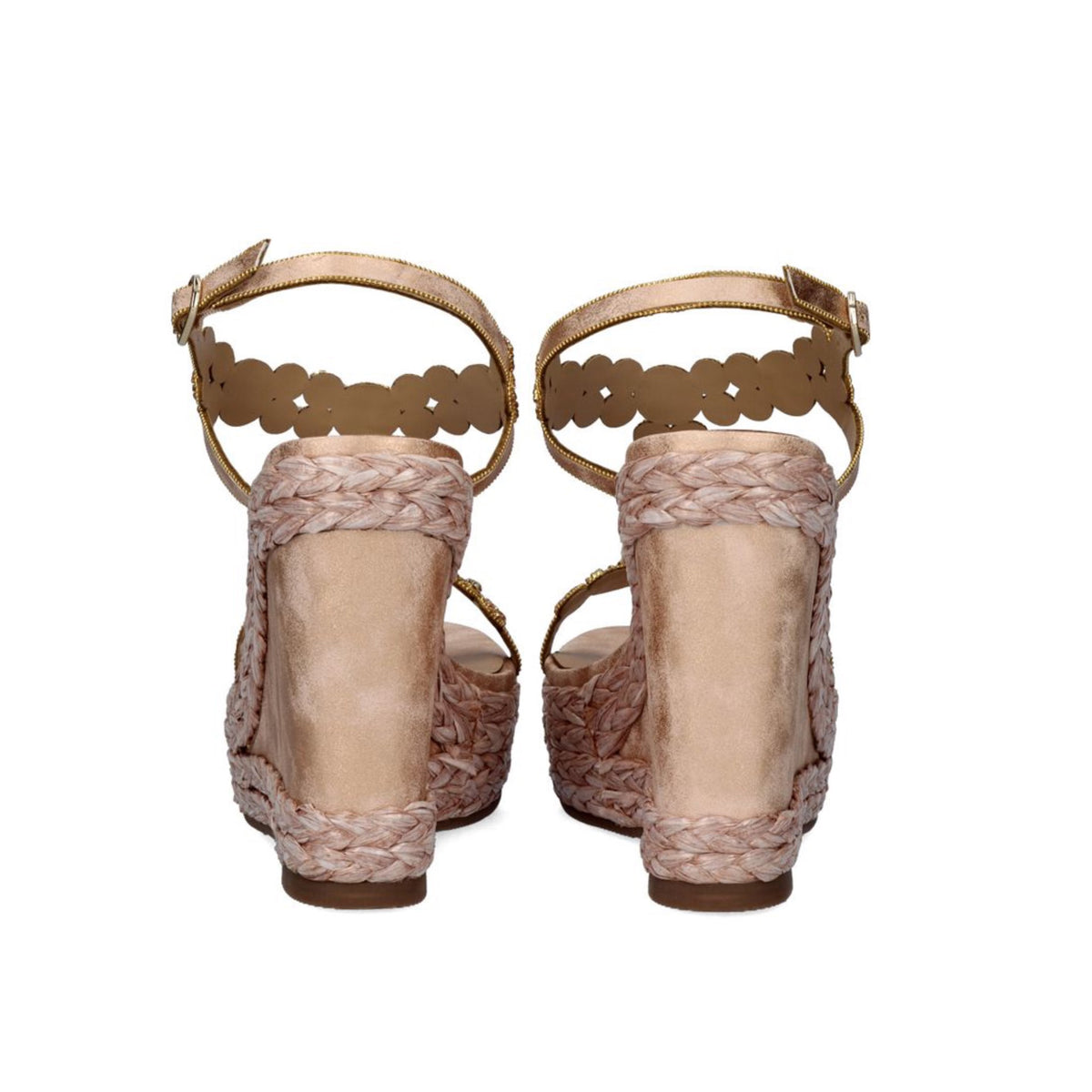 Champagne: EXE Nadia-445 rhinestone flower T-strap espadrille wedge sandal in champagne with braided rope wedge and ankle buckle strap