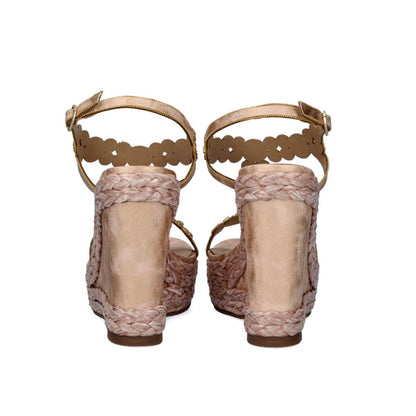 Champagne: EXE Nadia-445 rhinestone flower T-strap espadrille wedge sandal in champagne with braided rope wedge and ankle buckle strap