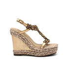 Champagne: EXE Nadia-445 rhinestone flower T-strap espadrille wedge sandal in champagne with braided rope wedge and ankle buckle strap