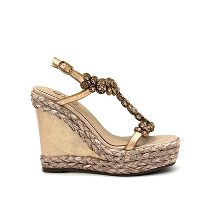 Champagne: EXE Nadia-445 rhinestone flower T-strap espadrille wedge sandal in champagne with braided rope wedge and ankle buckle strap
