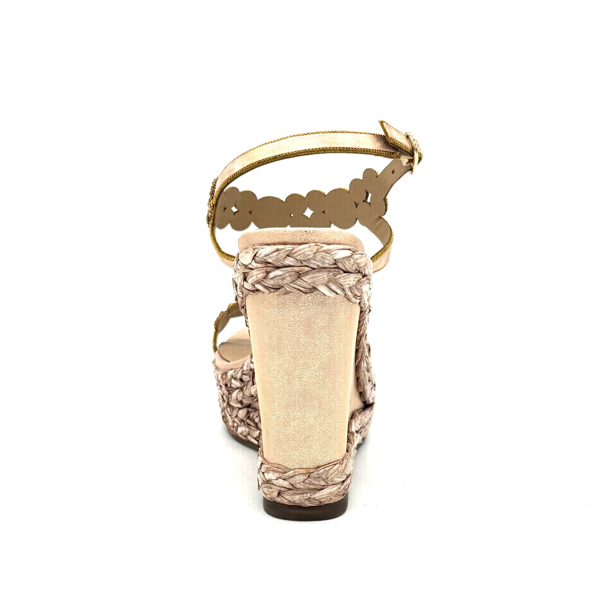 Champagne: EXE Nadia-445 rhinestone flower T-strap espadrille wedge sandal in champagne with braided rope wedge and ankle buckle strap