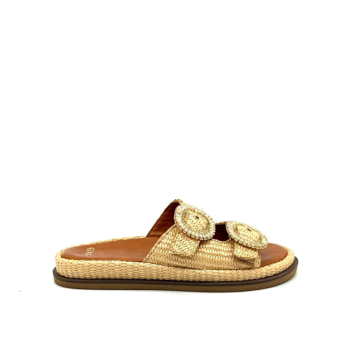 EXE Napoli-817 woven platform slide sandal in beige with crystal-embellished round buckle straps