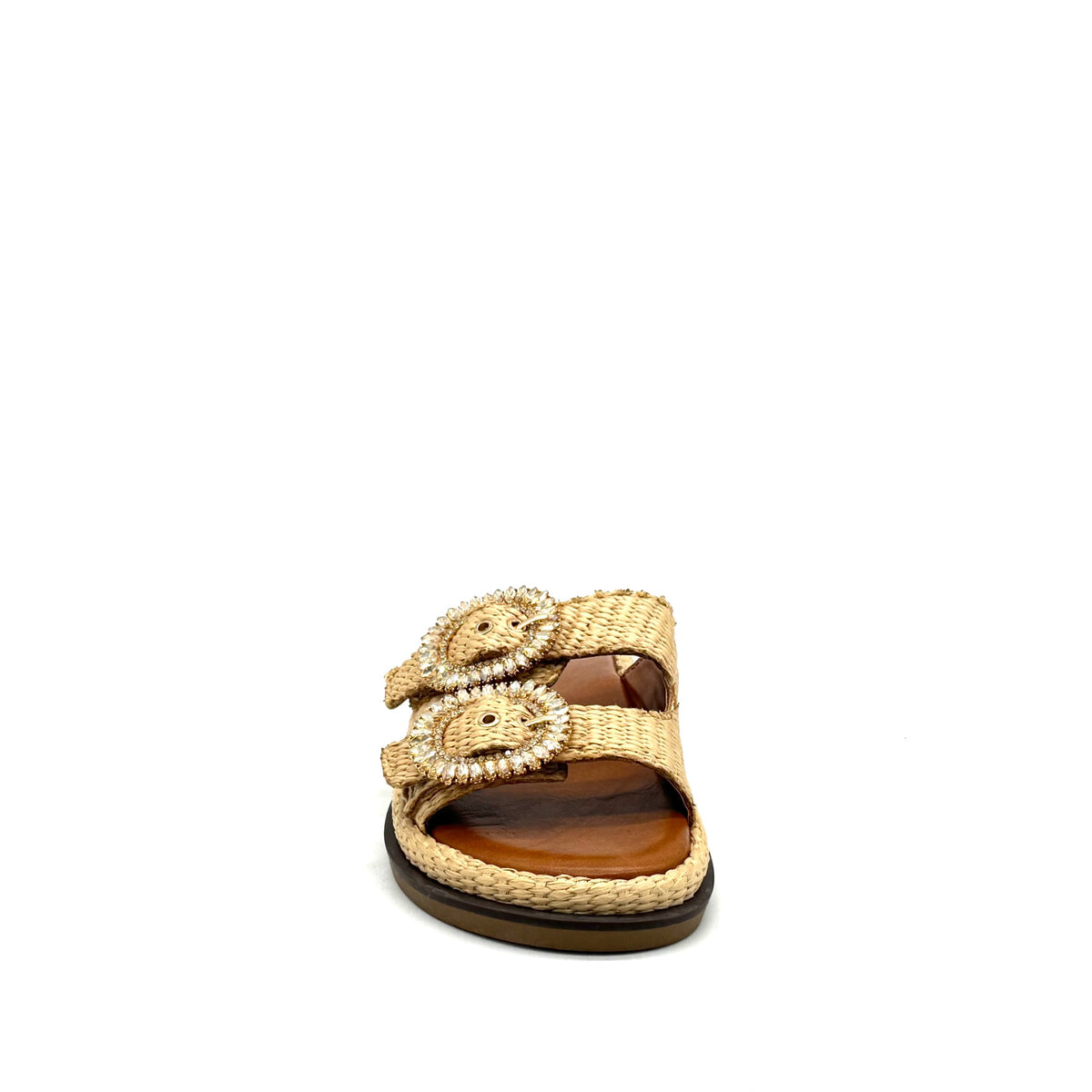 EXE Napoli-817 woven platform slide sandal in beige with crystal-embellished round buckle straps