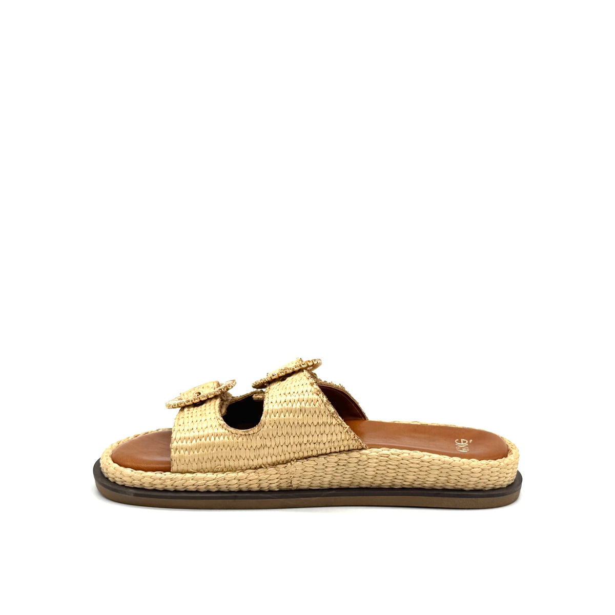 EXE Napoli-817 woven platform slide sandal in beige with crystal-embellished round buckle straps