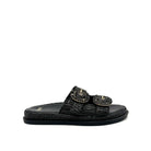 EXE Napoli-817 woven platform slide sandal in black with crystal-embellished round buckle straps