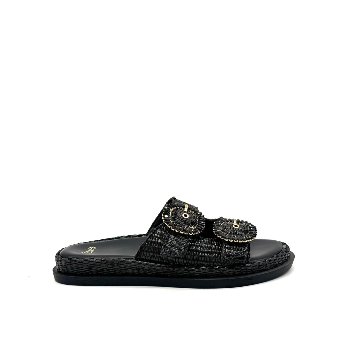 EXE Napoli-817 woven platform slide sandal in black with crystal-embellished round buckle straps