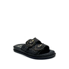 EXE Napoli-817 woven platform slide sandal in black with crystal-embellished round buckle straps