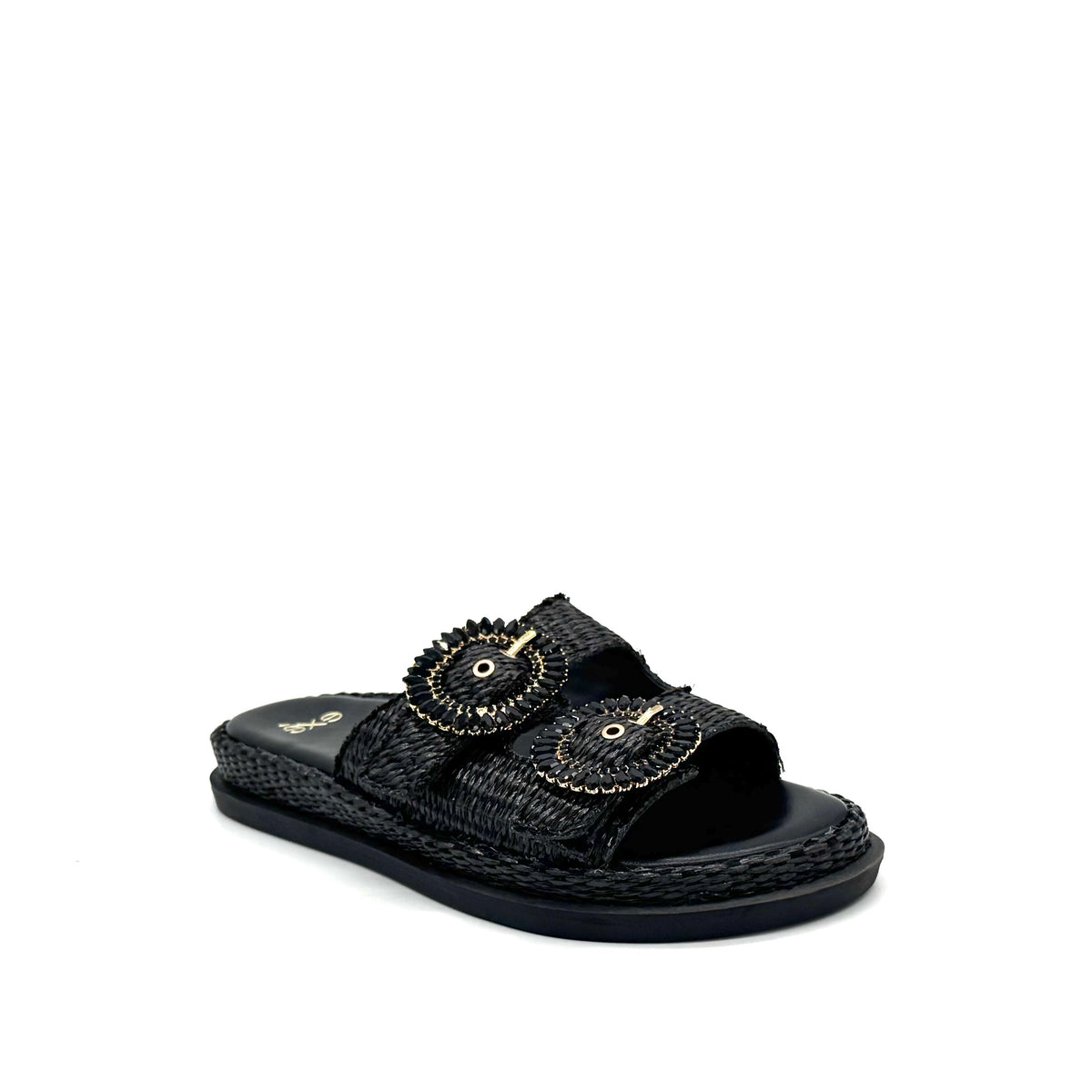 EXE Napoli-817 woven platform slide sandal in black with crystal-embellished round buckle straps