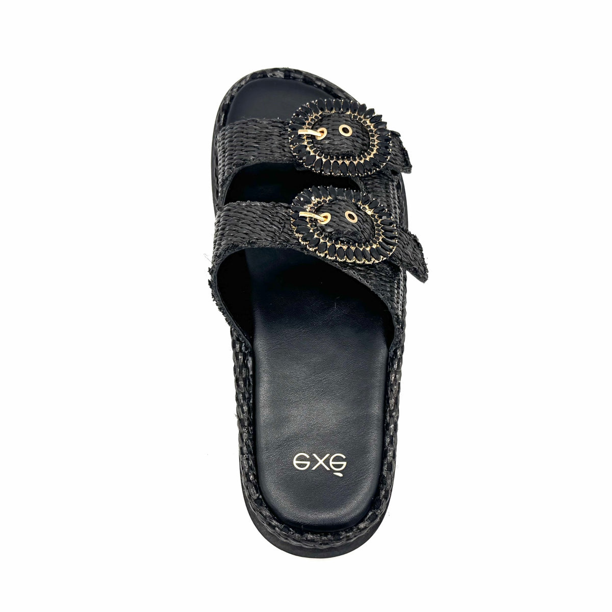 EXE Napoli-817 woven platform slide sandal in black with crystal-embellished round buckle straps