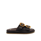 EXE Napoli-817 woven platform slide sandal in brown with amber crystal-embellished round buckle straps