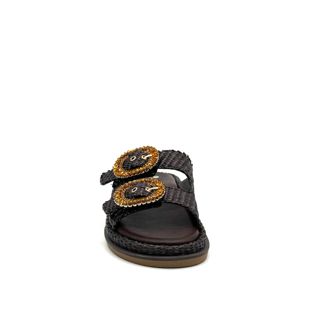 EXE Napoli-817 woven platform slide sandal in brown with amber crystal-embellished round buckle straps
