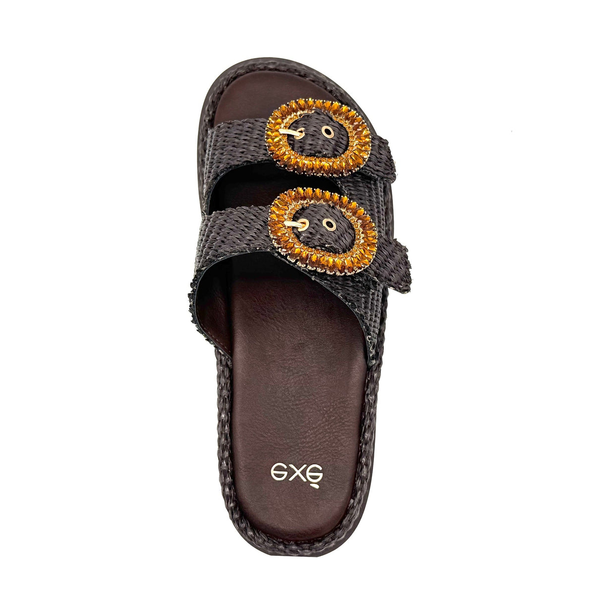 EXE Napoli-817 woven platform slide sandal in brown with amber crystal-embellished round buckle straps