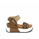 EXE Olivia-923 leopard print sporty platform sandal in tan with colorblock panels, ankle strap, and chunky ridged sole