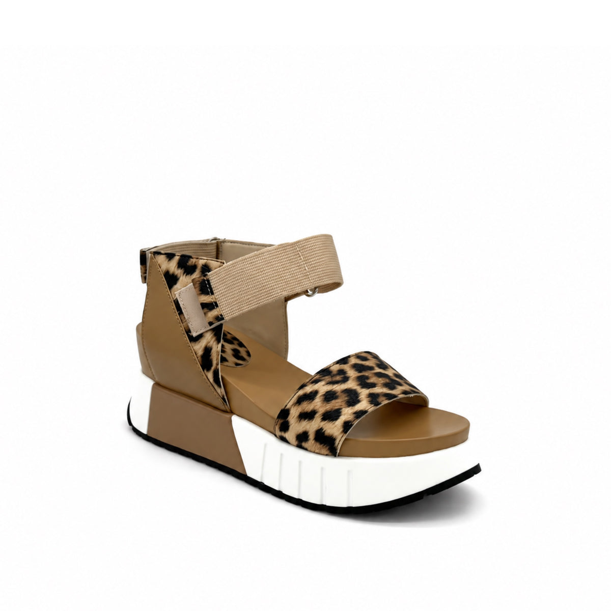 EXE Olivia-923 leopard print sporty platform sandal in tan with colorblock panels, ankle strap, and chunky ridged sole
