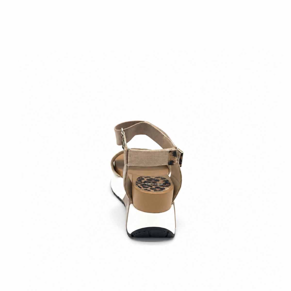 EXE Olivia-923 leopard print sporty platform sandal in tan with colorblock panels, ankle strap, and chunky ridged sole