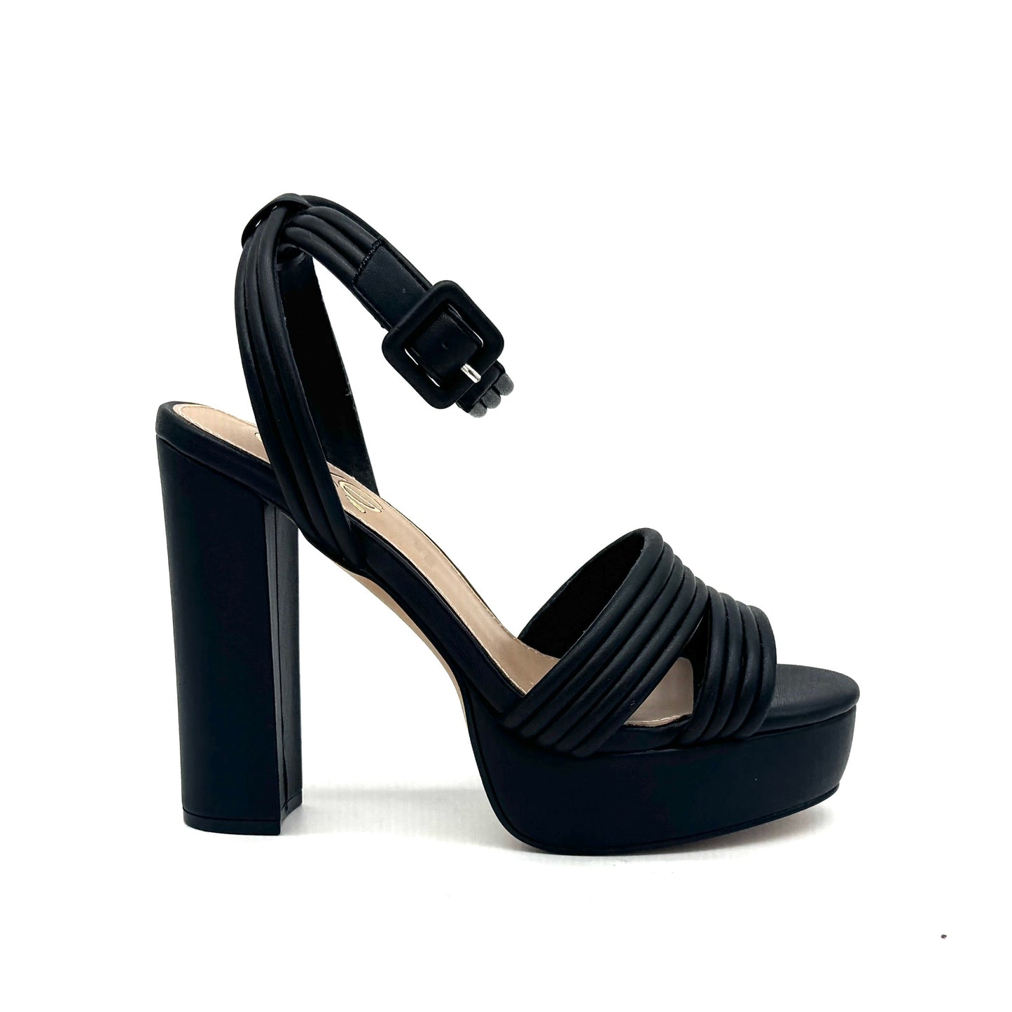 Multi: EXE Ophelia-829 multi-strap platform block heel sandal in multi with square buckle ankle strap, side view