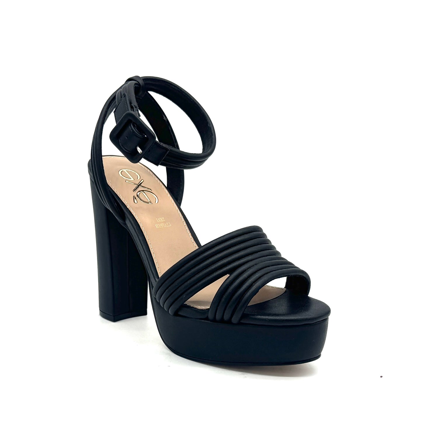 Multi: EXE Ophelia-829 multi-strap platform block heel sandal in multi with square buckle ankle strap, side view