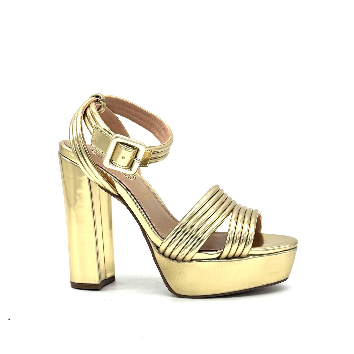 Gold: EXE Ophelia-829 multi-strap platform block heel sandal in gold metallic with square buckle ankle strap, side view
