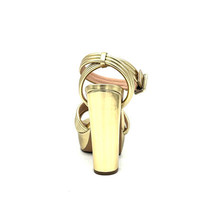 Gold: EXE Ophelia-829 multi-strap platform block heel sandal in gold metallic with square buckle ankle strap, side view
