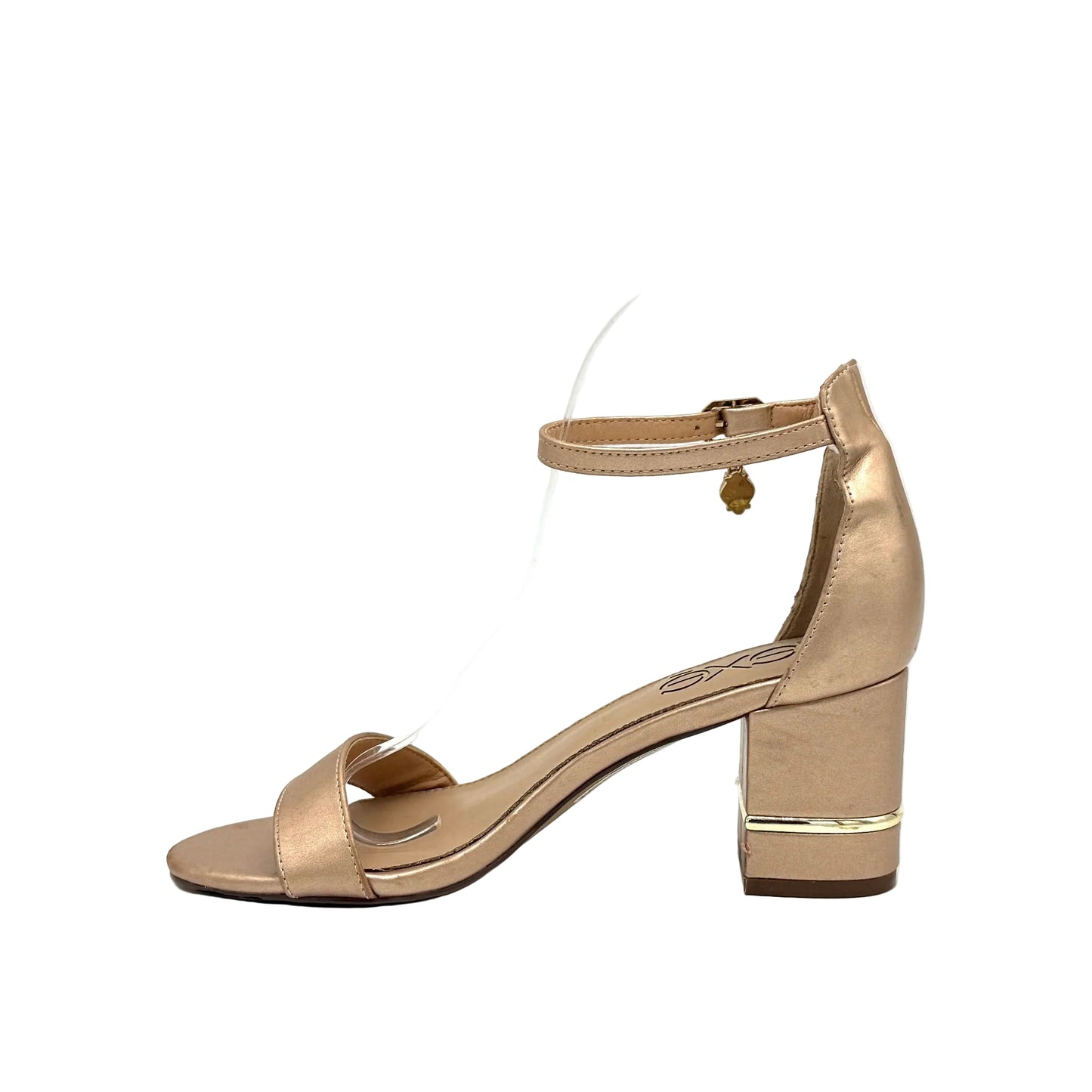 Champagne: EXE Penny-299 single-strap block heel sandal in champagne with crystal drop charm and gold-trim heel, side view