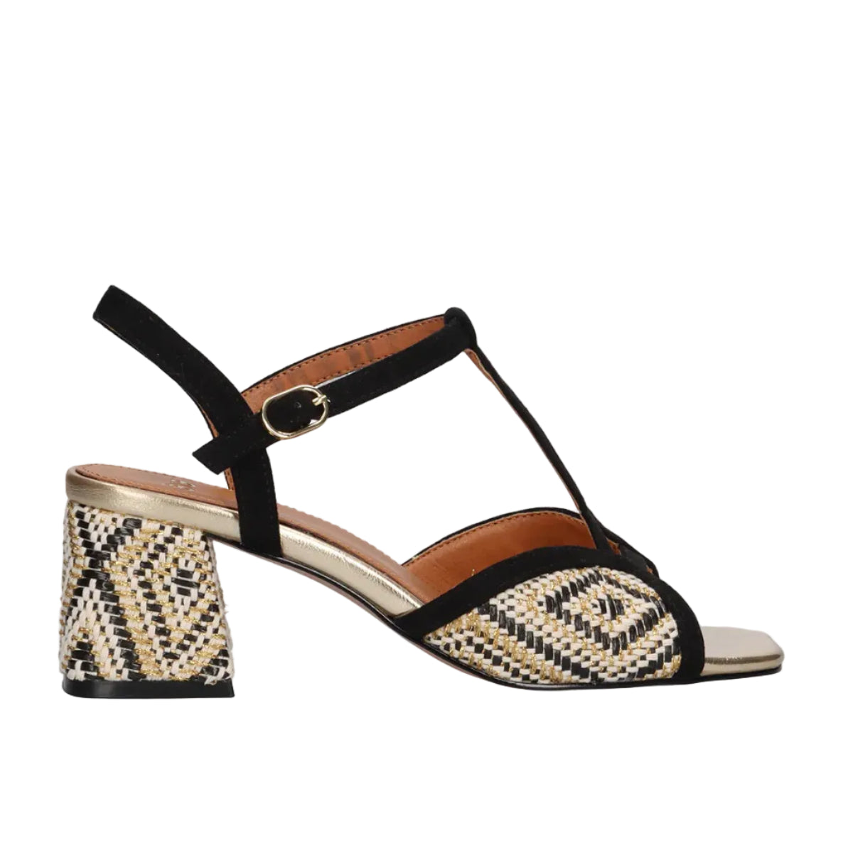 EXE Polina 405 black woven block heel sandals for women with T-strap and ankle strap