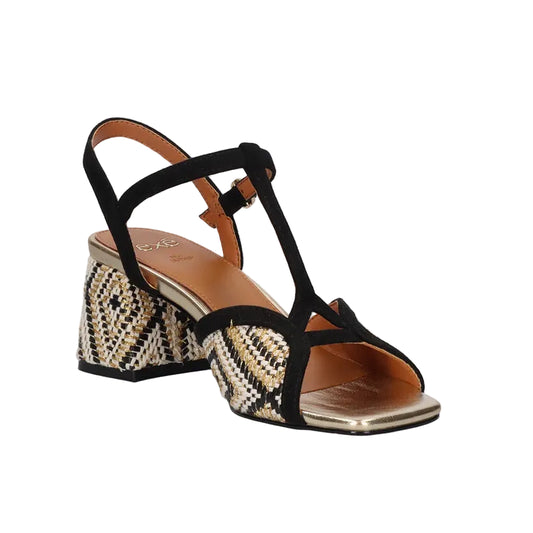 EXE Polina 405 black woven block heel sandals for women with T-strap and ankle strap