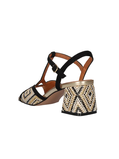 EXE Polina 405 black woven block heel sandals for women with T-strap and ankle strap