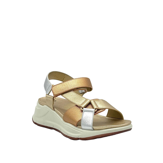 Gold/Silver: EXE RT1 metallic multi-strap sport sandal in gold and silver with chunky white platform sole, side view