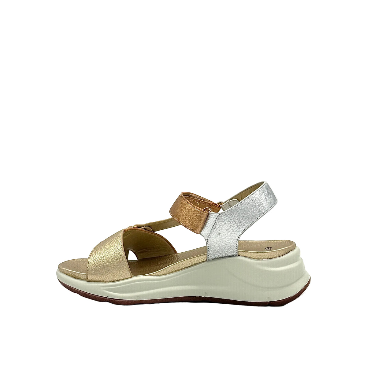Gold/Silver: EXE RT1 metallic multi-strap sport sandal in gold and silver with chunky white platform sole, side view