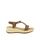 Tan: EXE RT3 embellished T-strap sport wedge sandal in tan with rose gold hardware detail and elastic ankle strap, side view