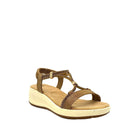 Tan: EXE RT3 embellished T-strap sport wedge sandal in tan with rose gold hardware detail and elastic ankle strap, side view