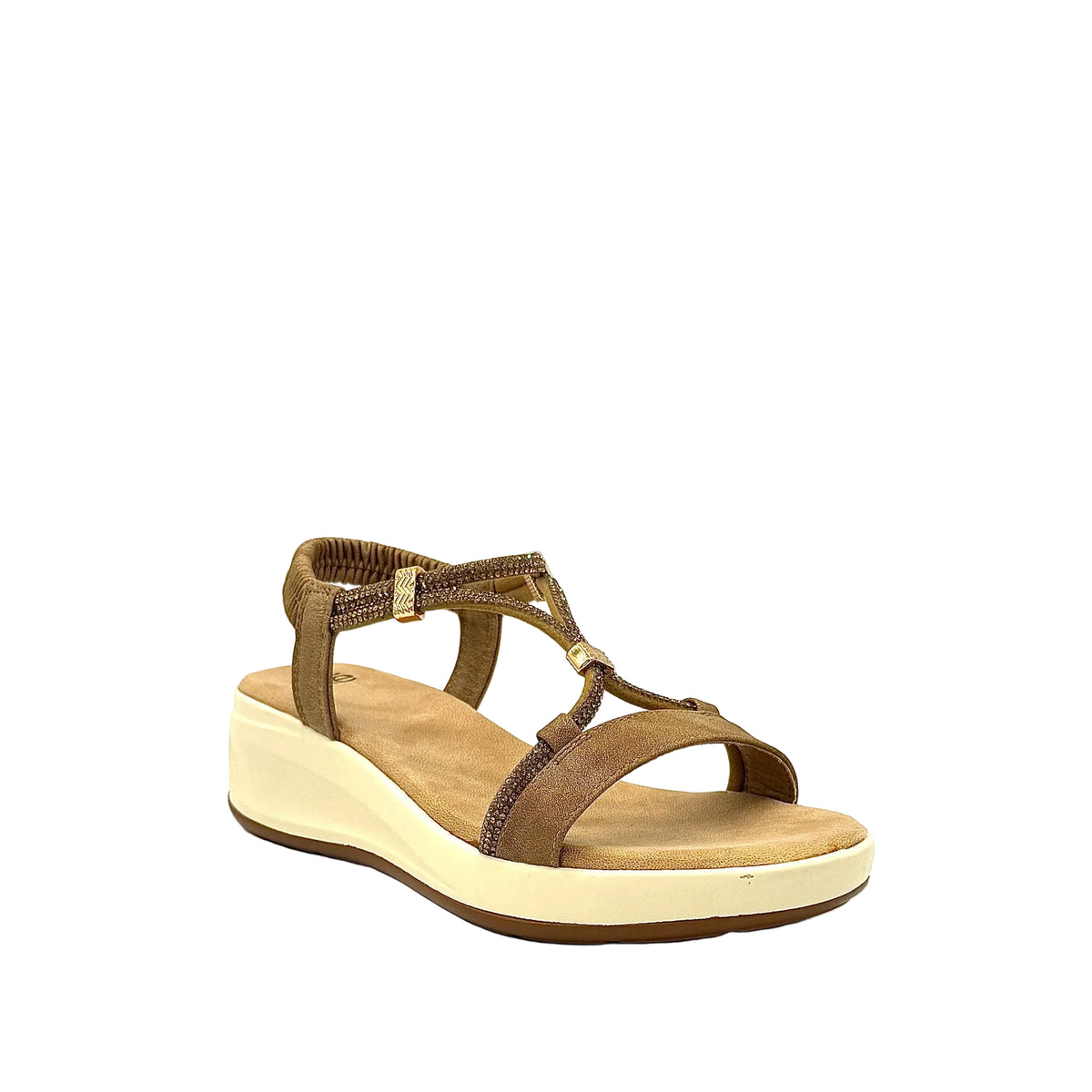 Tan: EXE RT3 embellished T-strap sport wedge sandal in tan with rose gold hardware detail and elastic ankle strap, side view