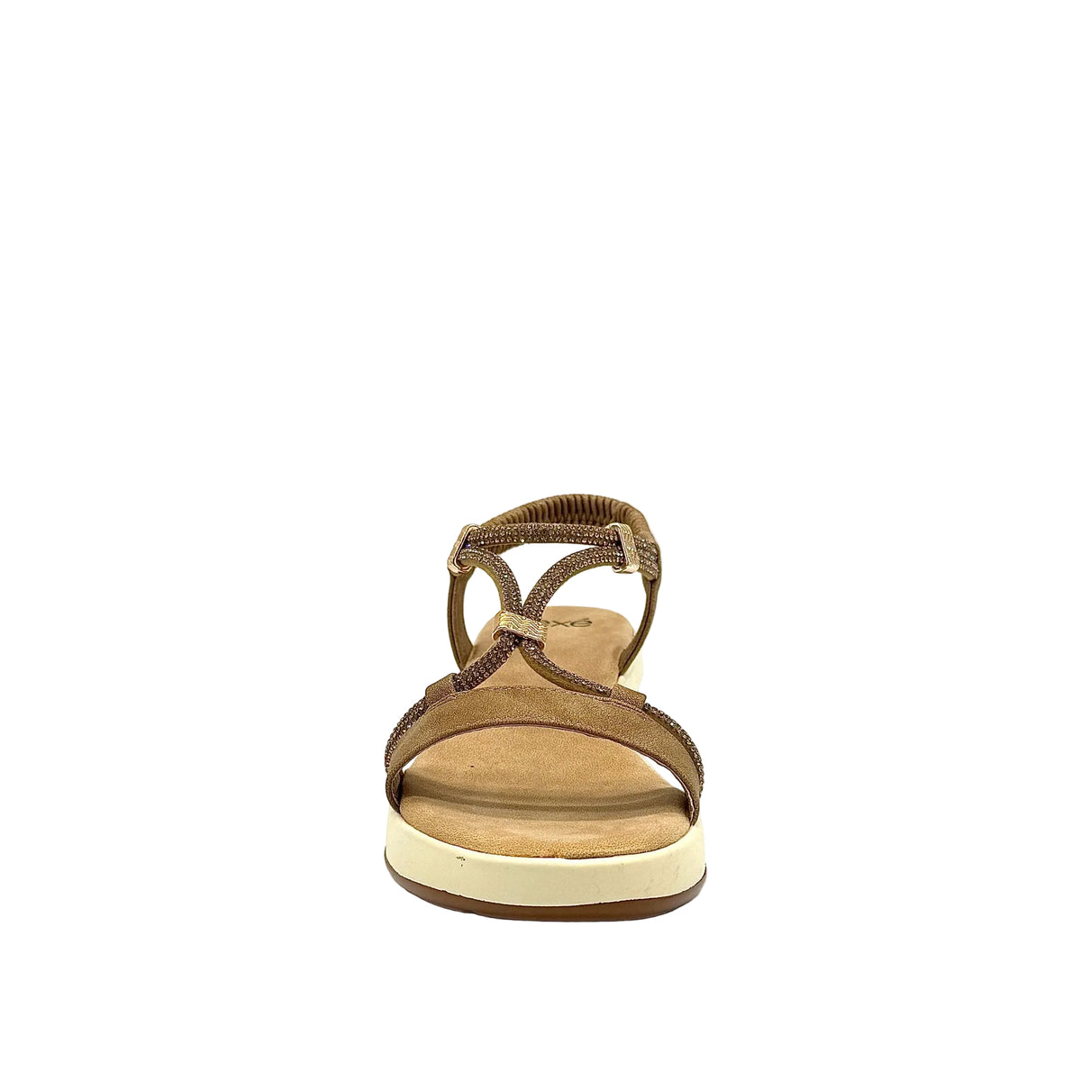 Tan: EXE RT3 embellished T-strap sport wedge sandal in tan with rose gold hardware detail and elastic ankle strap, side view