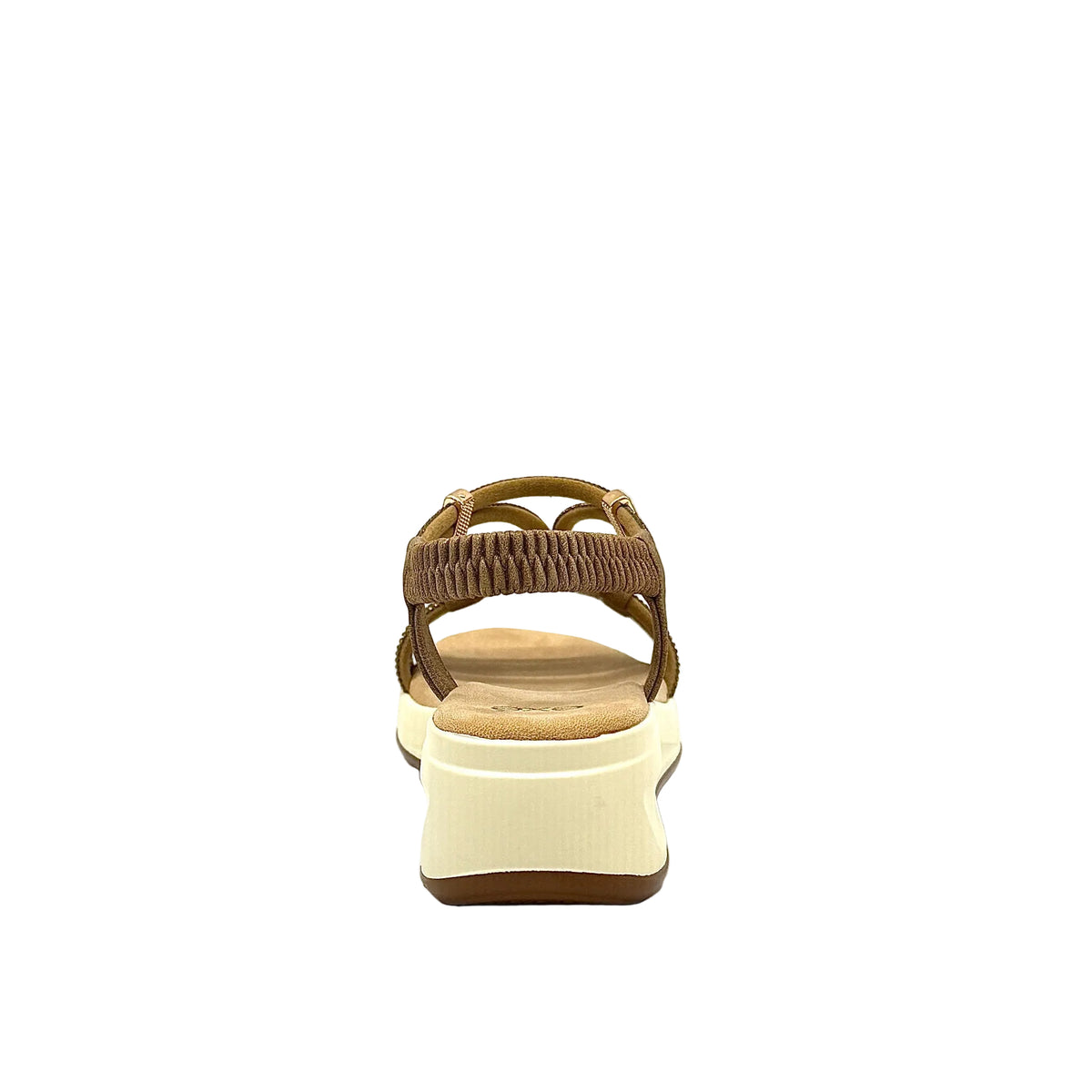 Tan: EXE RT3 embellished T-strap sport wedge sandal in tan with rose gold hardware detail and elastic ankle strap, side view