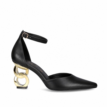 Black: EXE Sara-210 chain-link heel pointed pump in black with gold sculptural chain-link heel, side view