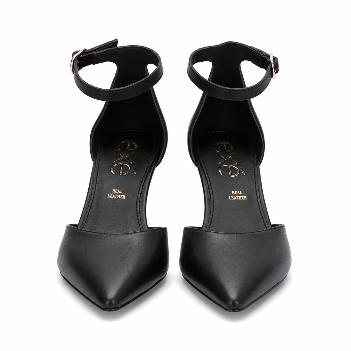 Black: EXE Sara-210 chain-link heel pointed pump in black with gold sculptural chain-link heel, side view