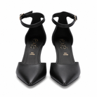 Black: EXE Sara-210 chain-link heel pointed pump in black with gold sculptural chain-link heel, side view