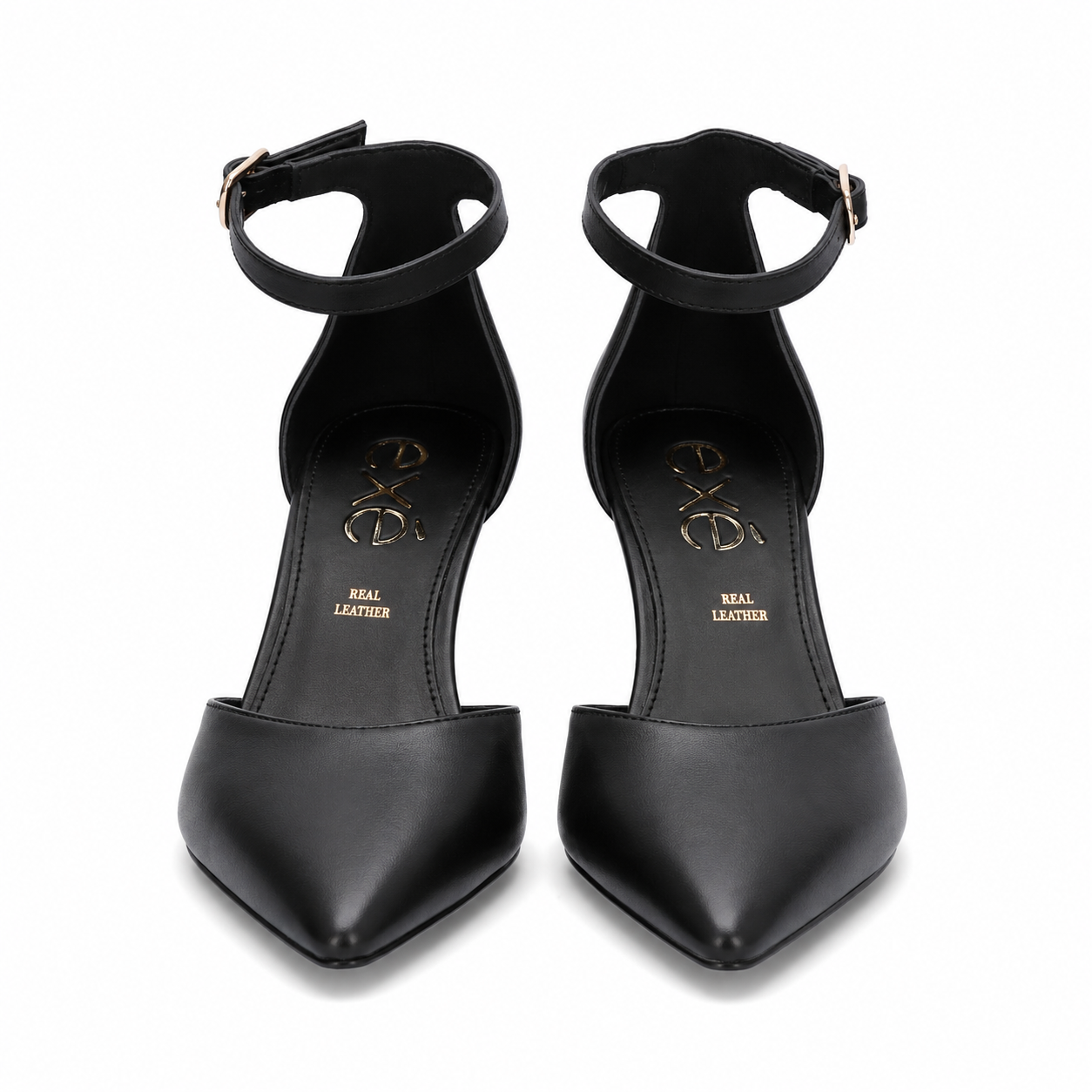 Black: EXE Sara-210 chain-link heel pointed pump in black with gold sculptural chain-link heel, side view
