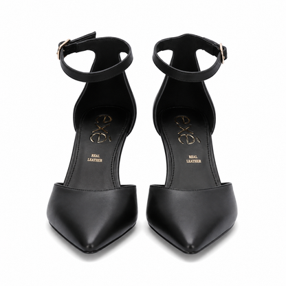 Black: EXE Sara-210 chain-link heel pointed pump in black with gold sculptural chain-link heel, side view