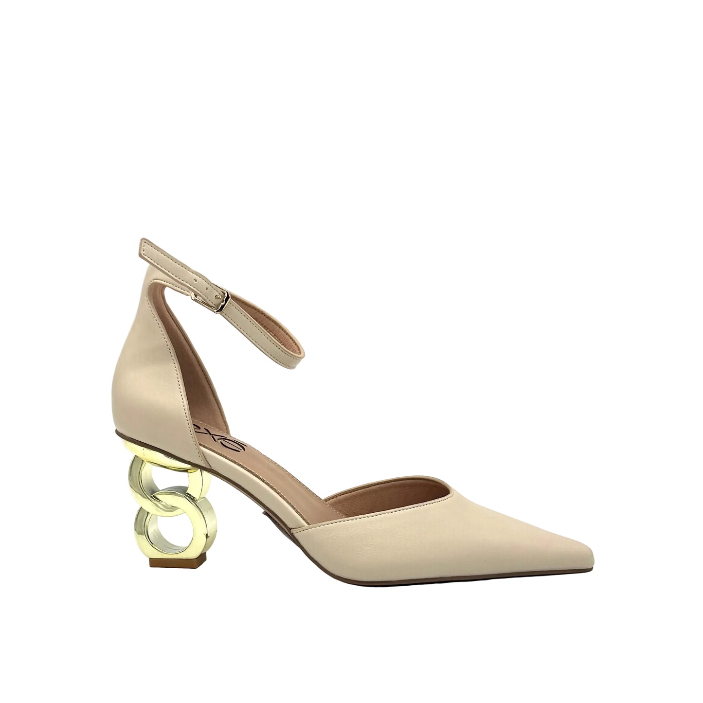 Ice: EXE Sara-210 chain-link heel pointed pump in ice with gold sculptural chain-link heel, side view
