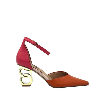 Orange/Multi: EXE Sara-210 chain-link heel pointed pump in orange and pink color-block with gold sculptural heel, side view
