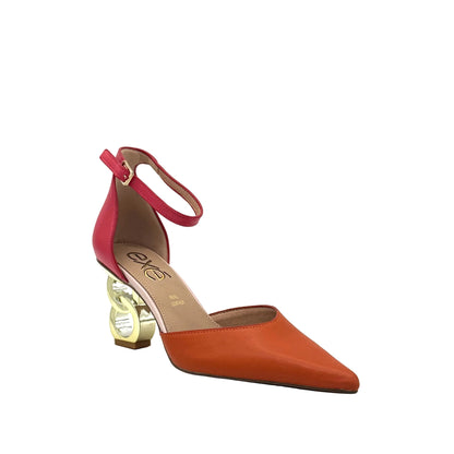 Orange/Multi: EXE Sara-210 chain-link heel pointed pump in orange and pink color-block with gold sculptural heel, side view
