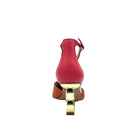 Orange/Multi: EXE Sara-210 chain-link heel pointed pump in orange and pink color-block with gold sculptural heel, side view
