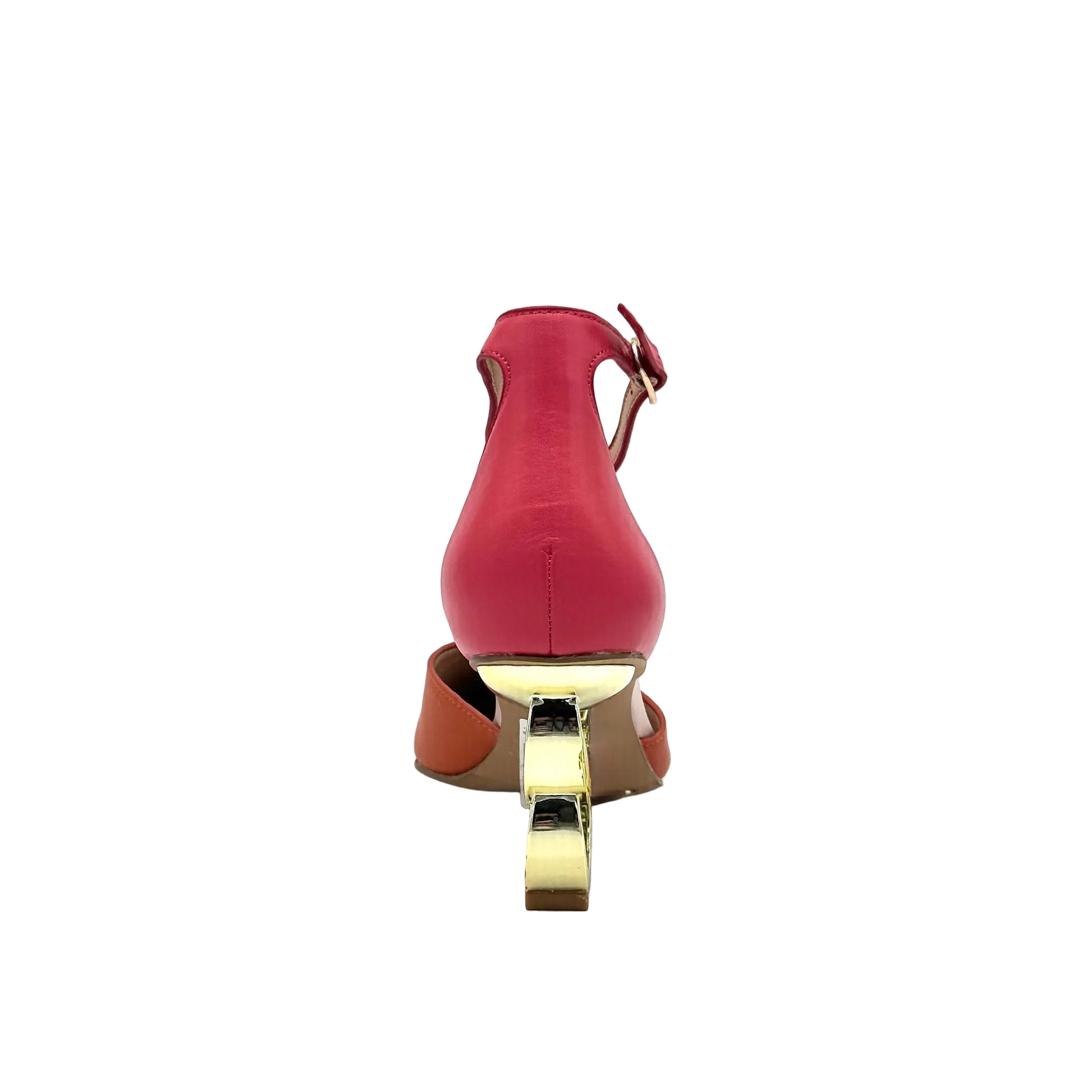 Orange/Multi: EXE Sara-210 chain-link heel pointed pump in orange and pink color-block with gold sculptural heel, side view
