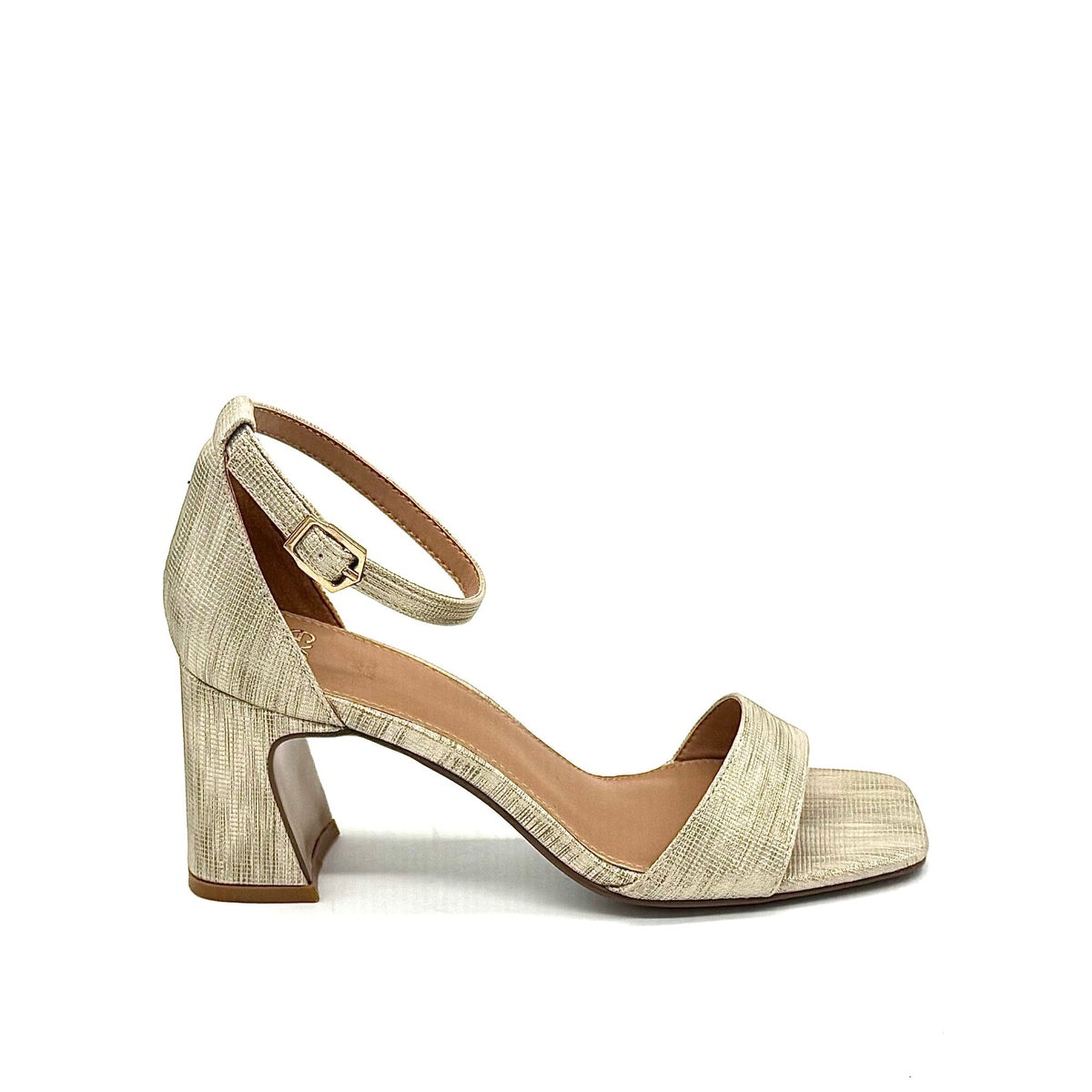 EXE Simona-232 woven ankle strap block heel sandal in beige with square open toe