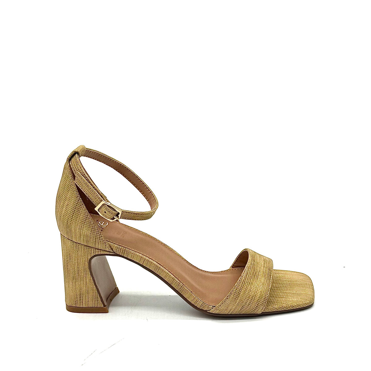 EXE Simona-232 woven ankle strap block heel sandal in gold with square open toe