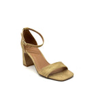EXE Simona-232 woven ankle strap block heel sandal in gold with square open toe