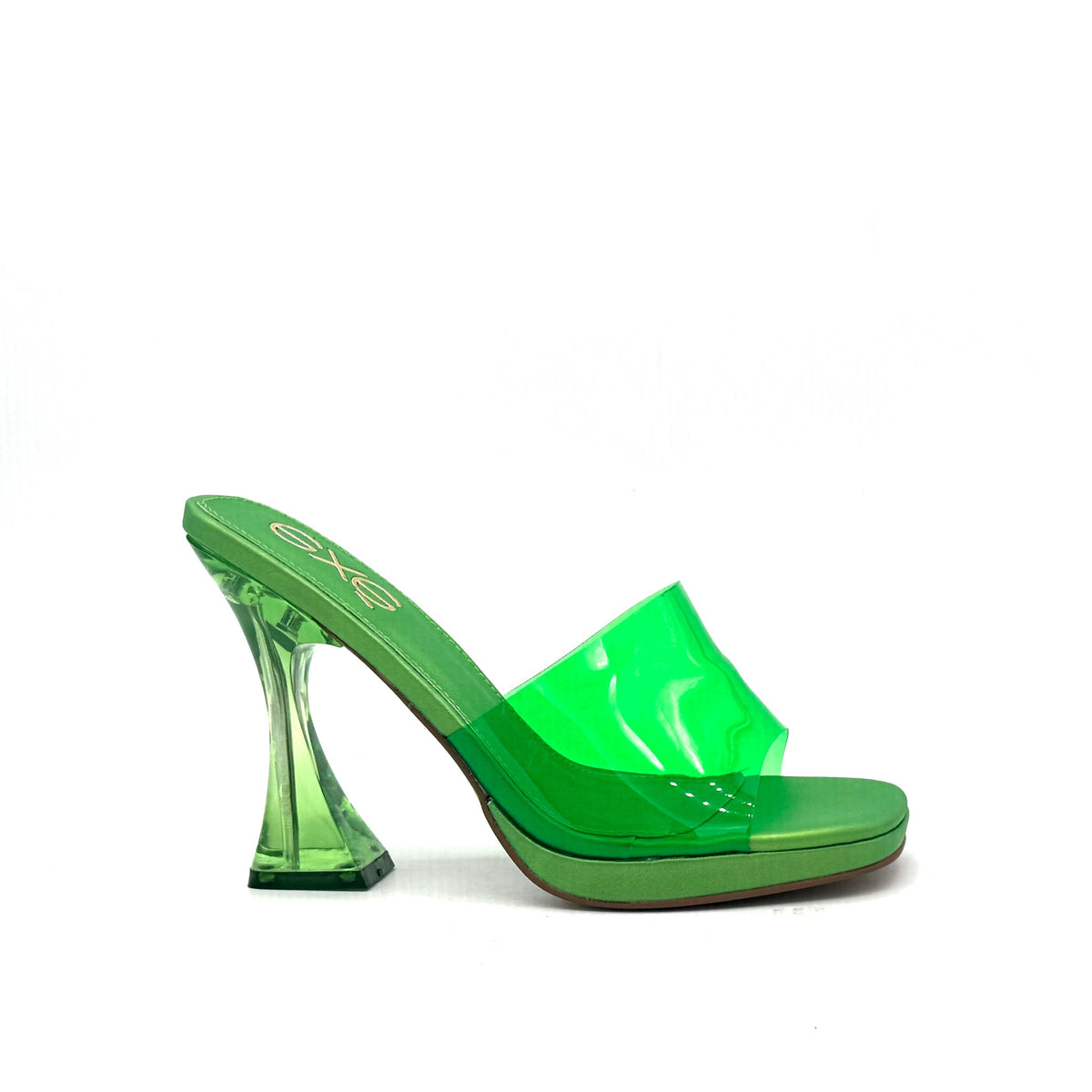 Green: EXE Steven-830 clear sculptural heel platform slide in neon green with transparent vinyl upper, side view
